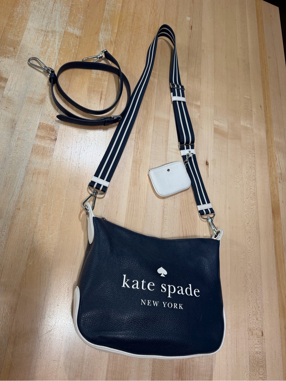 kate spade Navy and White Logo Crossbody with Striped Strap and Coin Pouch